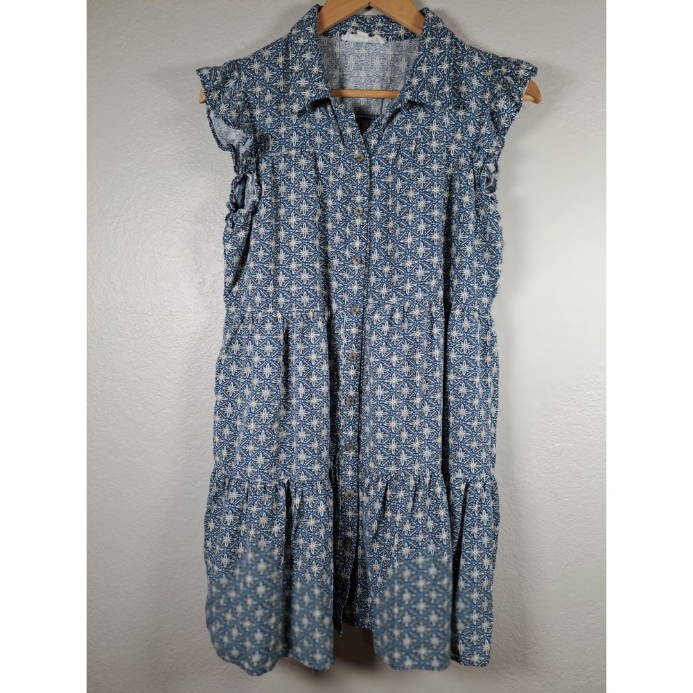 Lucky Brand Blue White Floral Ruffle Sleeveless Tiered Button Down Dress M